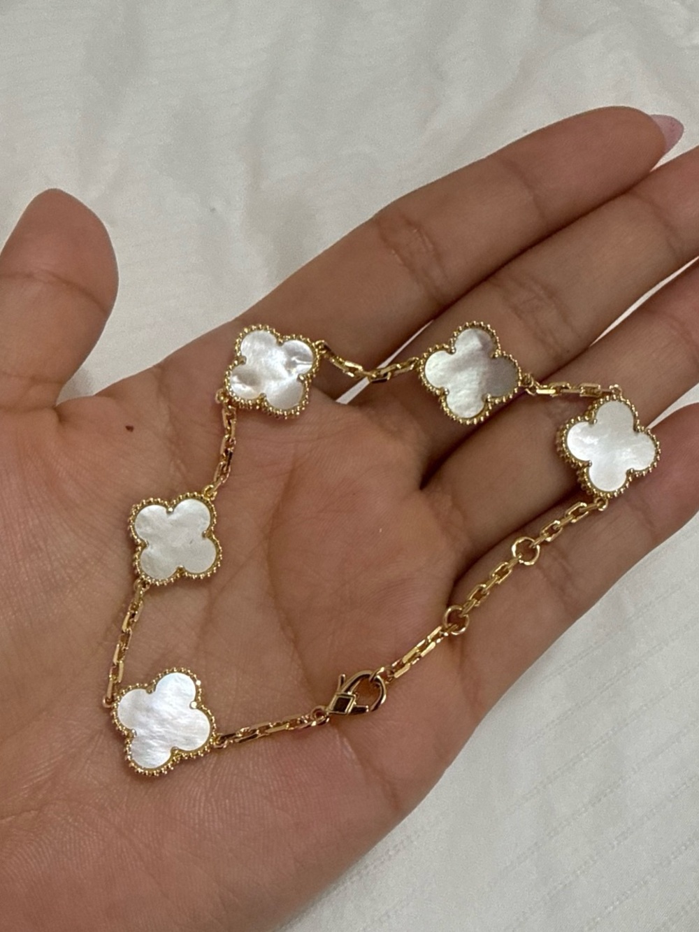 Gold & White Mother-of-Pearl Clover Link Bracelet - Women Jewelry